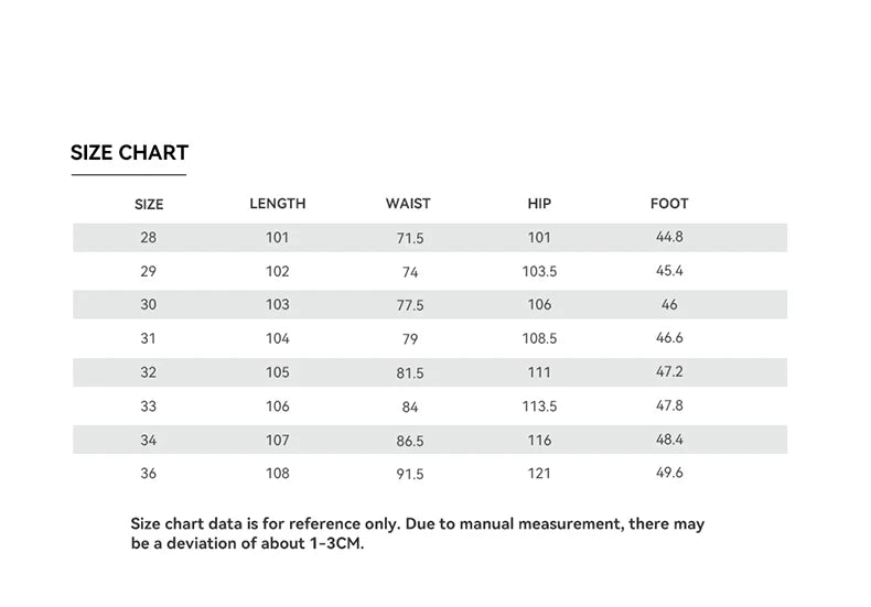 Size chart for clothing measurements with size, length, waist, hip, and foot dimensions.