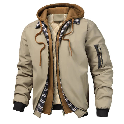 Beige jacket with plaid lining and brown accents on a white background