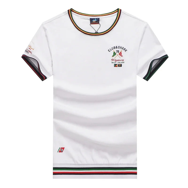 TACE&SHARK Summer Military T-shirts Fashion Embroidery Casual Cotton White Camiseta Tops Tees Shark Short Sleeve T Shirt Men