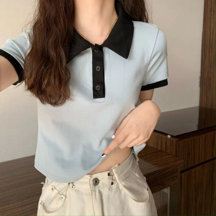 Summer 2026 Women New Arrival Slim Fit Versatile Polo Collar Color Block Short T Shirt Short Sleeve Unique Top Ins Trendy