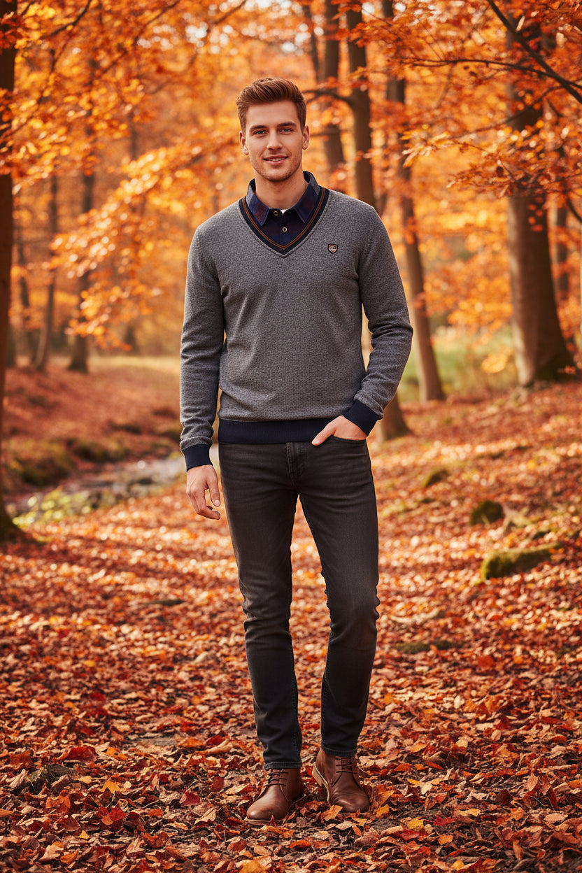 Gray sweater with blue collar and red accents on a white background