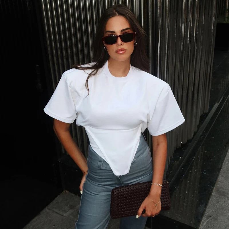 Versatile Regular-shoulder T-shirts Women Casual White Round Neck Irregular Hem Pleated Short Top Summer Lady Street Wear New