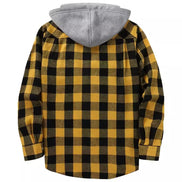 A children's hooded flannel shirt shown from the back, featuring a yellow and black buffalo plaid pattern with a contrasting gray hood.