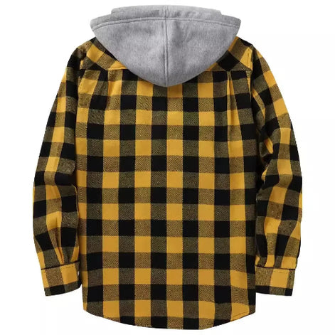 A children's hooded flannel shirt shown from the back, featuring a yellow and black buffalo plaid pattern with a contrasting gray hood.