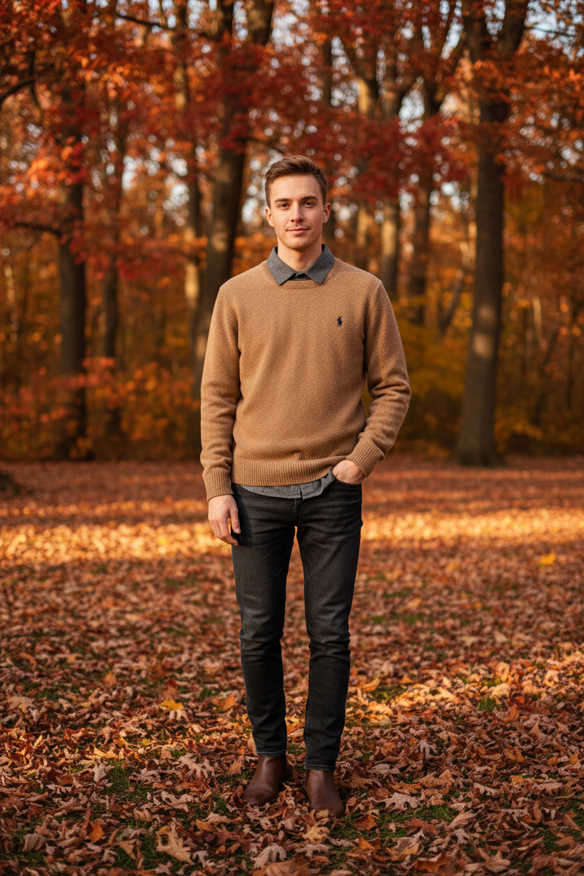 Brown sweater with a collar and Ralph Lauren logo held by a hand against a neutral background.
