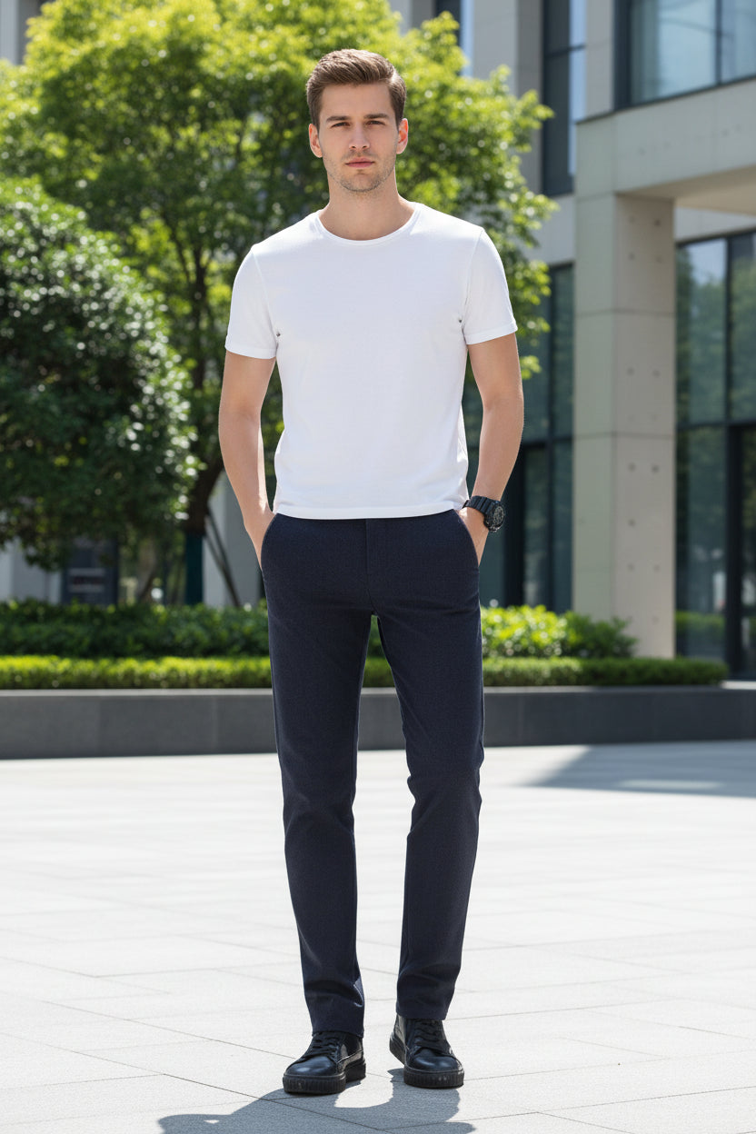 Person wearing navy blue pants on a gray background