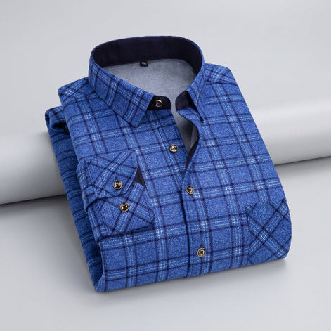 Blue plaid shirt with a close-up of fabric texture on a white background