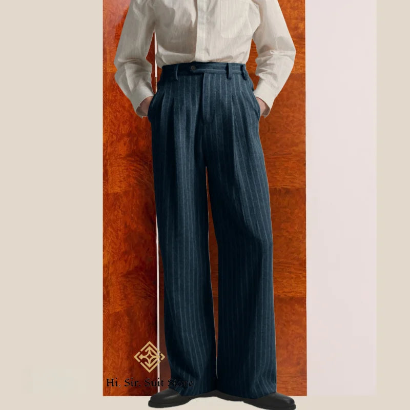 Men's Striped Dress Pants Old Money Wide Leg Baggy Pleated Casual Pinstriped Trousers Loose Fit Elastic Waist Vintage Slacks