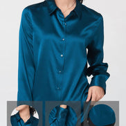 Promotional graphic showing collar, cuff, and hem design details of the teal silk shirt.