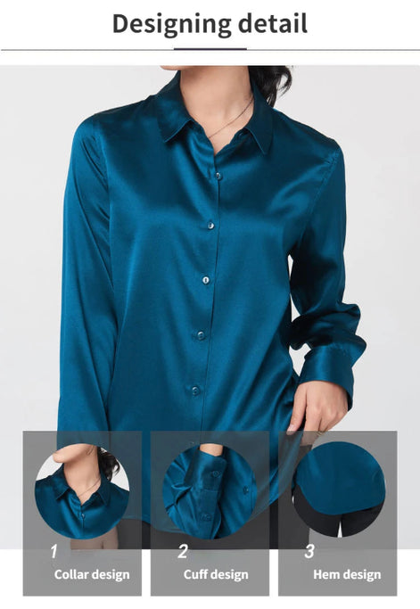 Promotional graphic showing collar, cuff, and hem design details of the teal silk shirt.