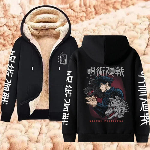 Black hoodie with white text and a wolf and person design on the back, shown from front and back views.