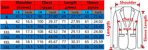 A size measurement chart for a blazer, showing a size table from M to 5XL with chest and sleeve measurements in centimeters and inches,