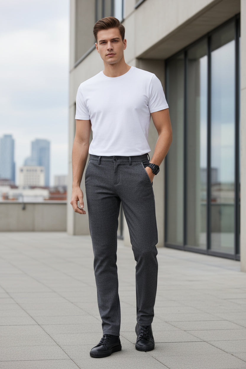 Gray men's trousers worn by a person on a gray background