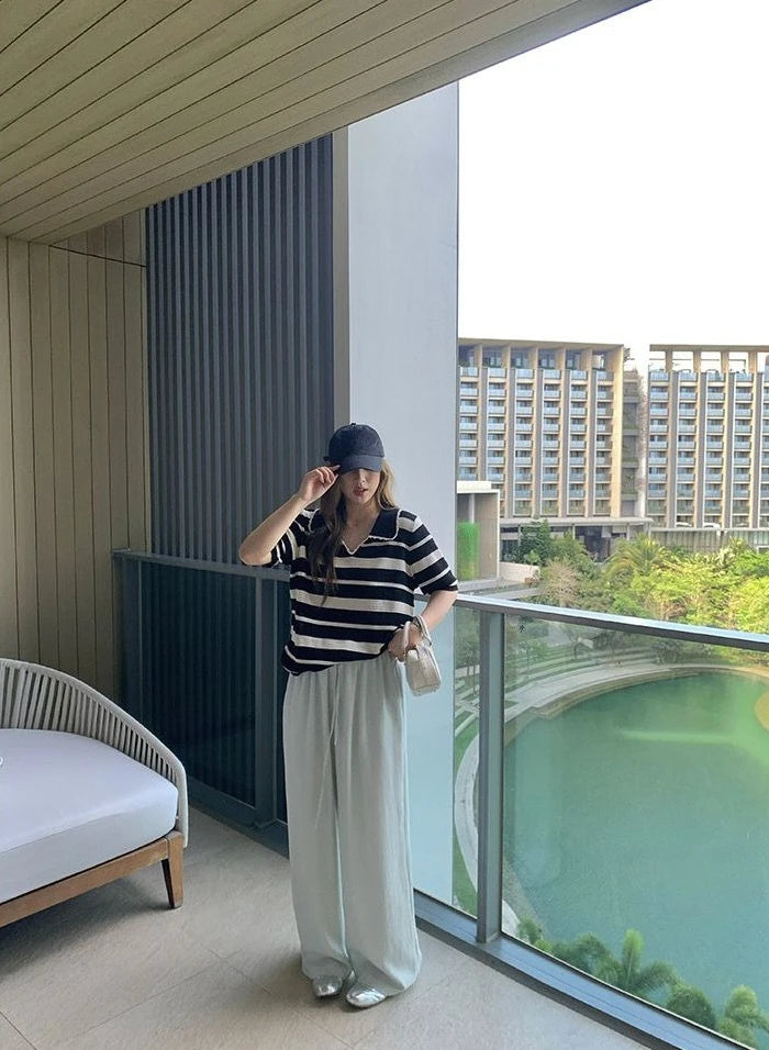 Women High Stretch Polo Shirt 2026 Stripe Short Sleeve Top Casual Color Block Splicing Openwork Knit Blouse