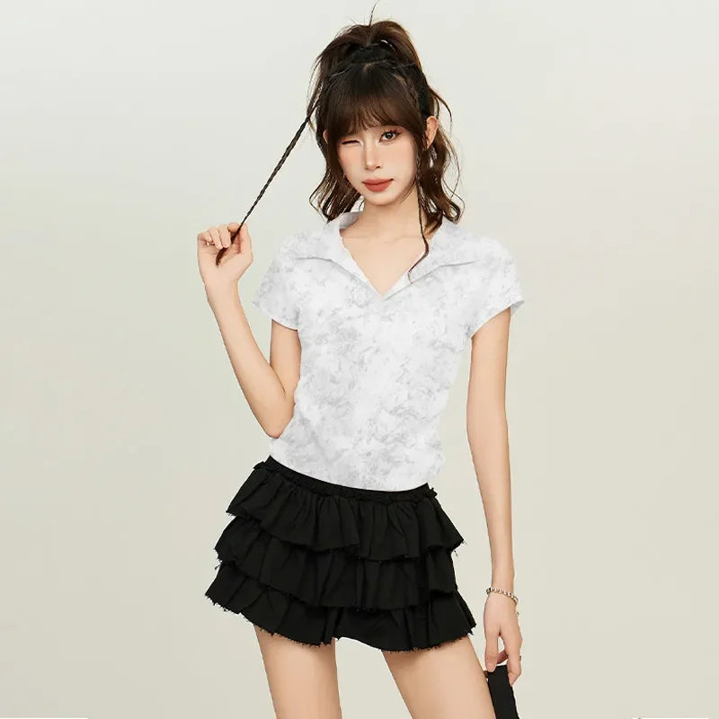 Women American V Neck Polo Collar Tie Dye T Shirt Summer Short Sleeve Slim Waist Cropped Casual Top
