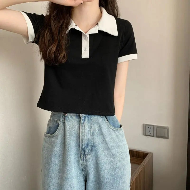 Summer 2026 Women New Arrival Slim Fit Versatile Polo Collar Color Block Short T Shirt Short Sleeve Unique Top Ins Trendy