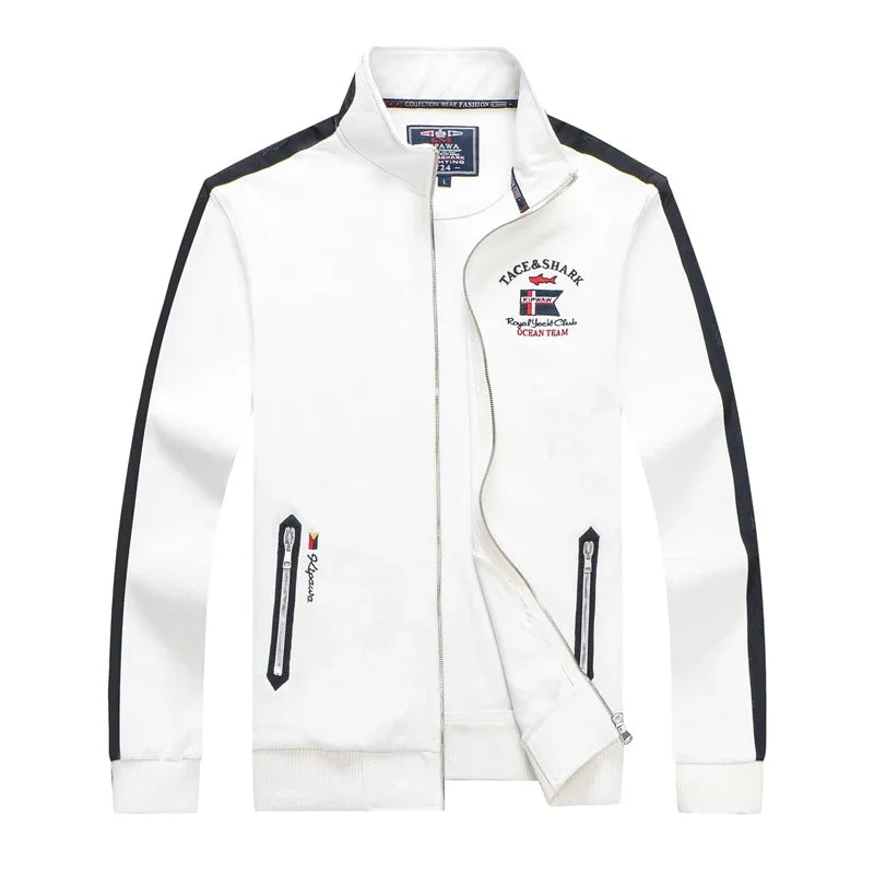 TACE&SHARK Fashion Brand Shark Solid Color Embroidery Jackets Zipper Turtleneck Men Pullovers Mens White Outerwear Clothing