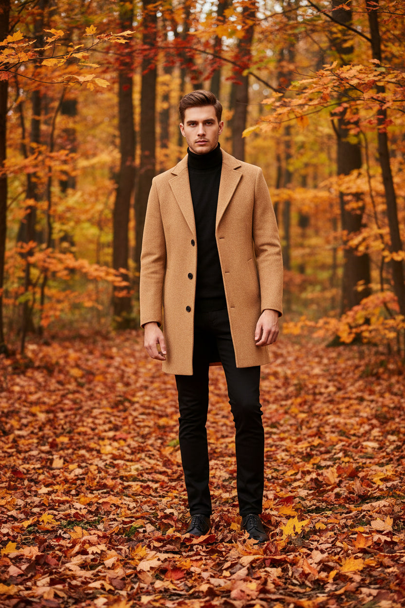 Man wearing a tan overcoat with a black turtleneck and pants on a white background