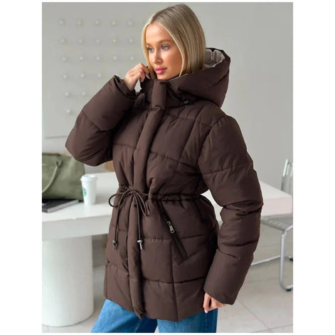Brown Hooded Quilted Cotton Jacket Fashion Waist Cinch Drawstring Zip Pocket Warm Coat 2026 Women's Winter Casual Street Outfit