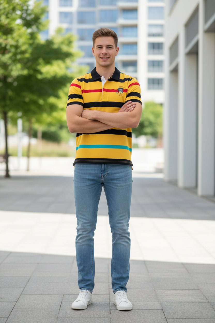A men's short-sleeve polo shirt with horizontal stripes in yellow, black, red, turquoise, and blue. The shirt features a black collar, a two-button placket, and a crest on the left chest.