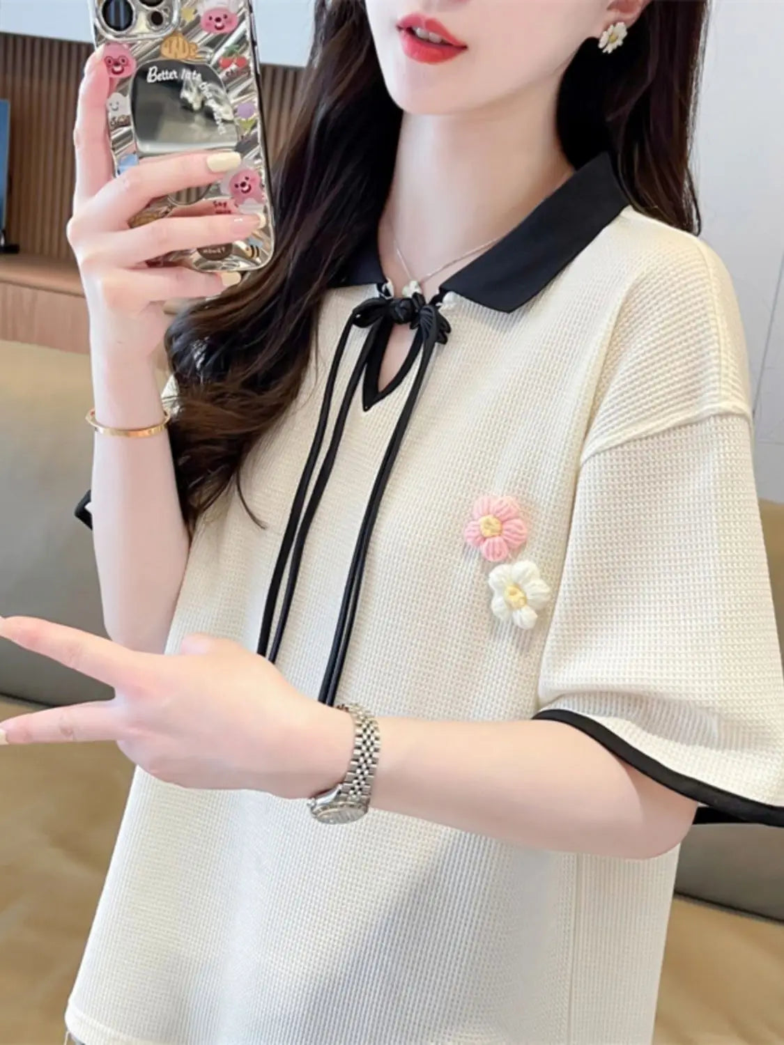 Contrast Color Baggy Woman Short Sleeve Tshirt Y2k Fashion Flower Summer Outfit Youthful Elegant New Polo Neck T Shirt for Women
