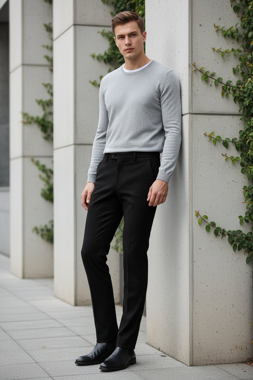 Folded black pants with a brand label on a light gray background