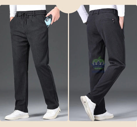 Black pants displayed from front and side views on a gray background