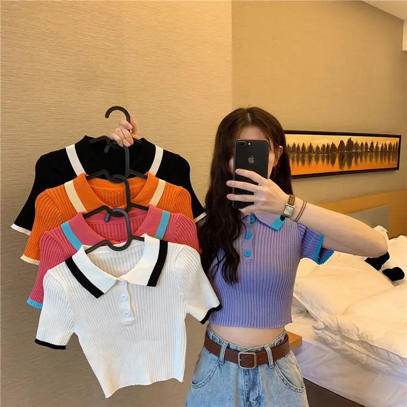 Women's Polo Shirts Sexy Crop Top Button Female Tee Knitted Slim with T-shirts Collar Korean Clothing Pulovers Trend 2025 Summer