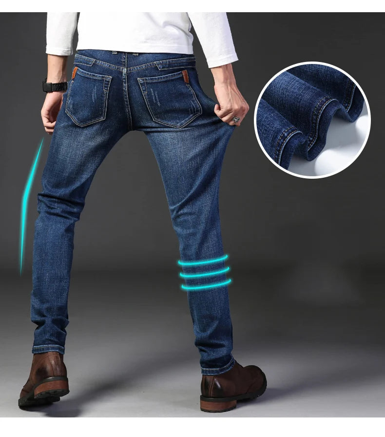 Person wearing blue jeans with a close-up inset showing the fabric texture.