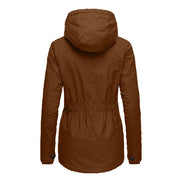Back view of a brown hooded jacket with a gathered waist, curved hem and buttoned cuffs against a white background⠋