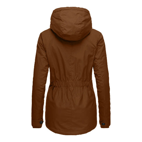 Back view of a brown hooded jacket with a gathered waist, curved hem and buttoned cuffs against a white background⠋
