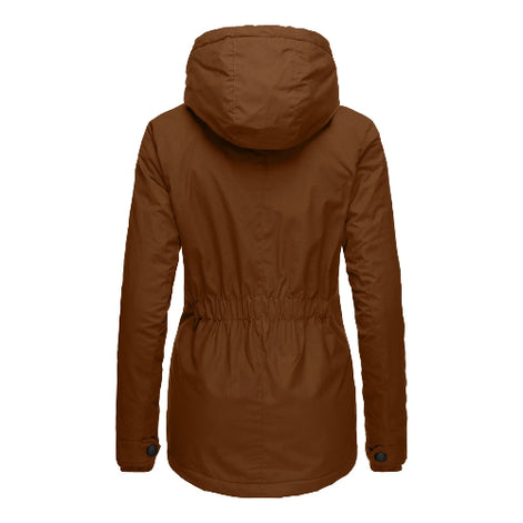 Back view of a brown hooded jacket with a gathered waist, curved hem and buttoned cuffs against a white background⠋