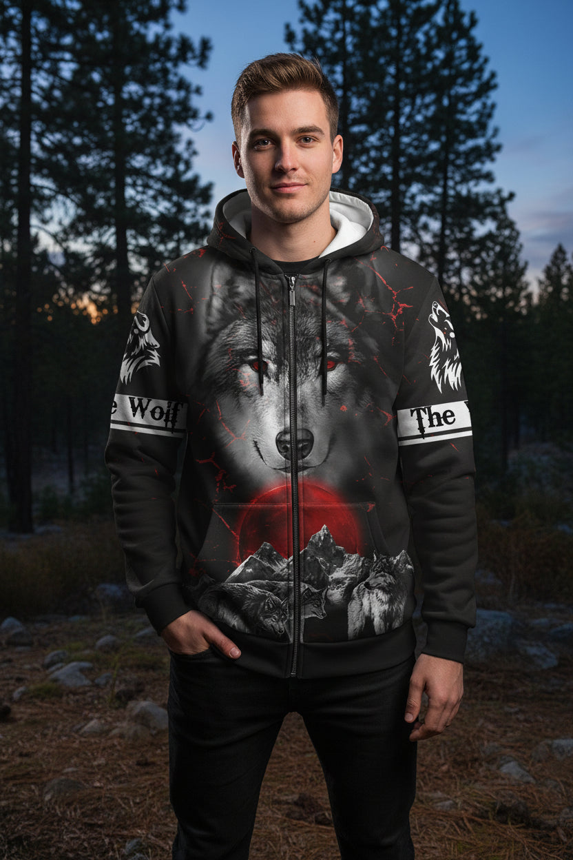 Black hoodie with wolf design and red moon on a white background