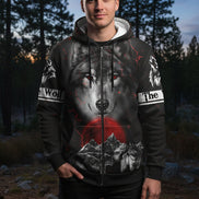 Black hoodie with wolf design and red moon on a white background
