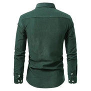A dark green long-sleeve button-up shirt shown from the back, featuring a classic collar and buttoned cuffs, displayed on a clean white background.