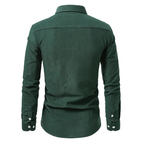 A dark green long-sleeve button-up shirt shown from the back, featuring a classic collar and buttoned cuffs, displayed on a clean white background.