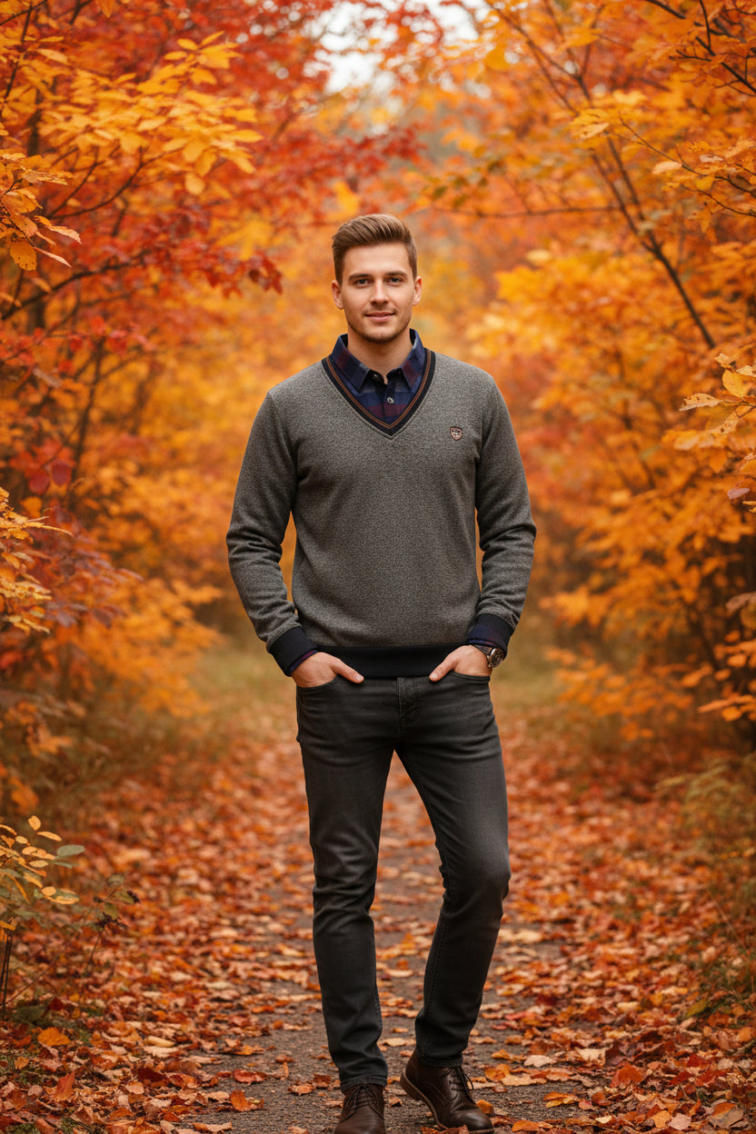 Gray sweater with plaid collar on a snowy background