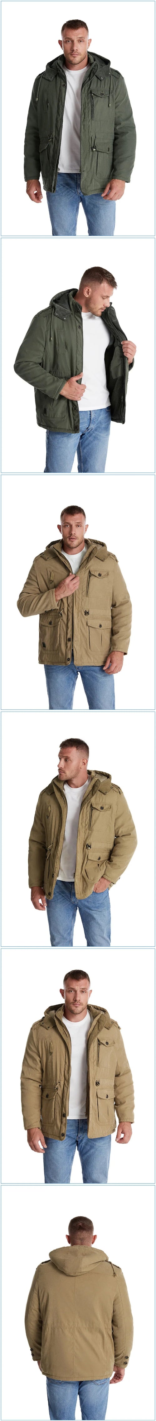Collage of a man wearing a green jacket with a hood in different poses.