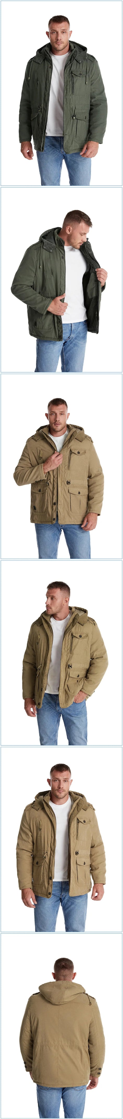 Collage of a man wearing a green jacket with a hood in different poses.