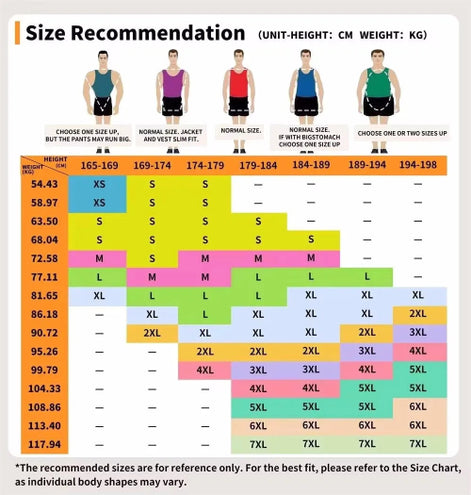 Size recommendation chart showing recommended sizes by height and weight