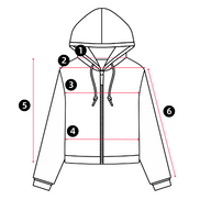 Hooded jacket measurement diagram with arrows marking neckline, shoulder, chest, waist, garment length and sleeve length