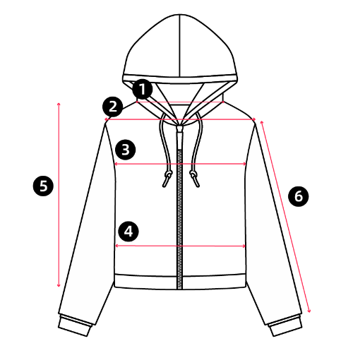 Hooded jacket measurement diagram with arrows marking neckline, shoulder, chest, waist, garment length and sleeve length