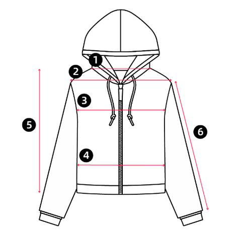 Hooded jacket measurement diagram with arrows marking neckline, shoulder, chest, waist, garment length and sleeve length