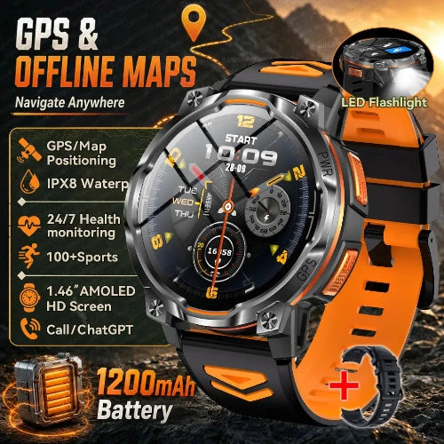 Orange and black rugged smartwatch with a large round display, shown with promotional text and feature callouts including GPS & offline maps, IPX8 water resistance, health monitoring, 