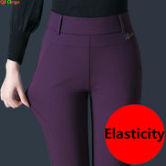 A person wearing high-waisted purple pants, shown from the waist down, with a hand pulling the fabric to demonstrate elasticity. A red circle with the word 'Elasticity' is overlaid 