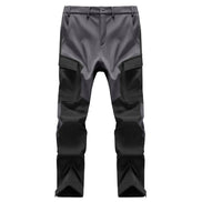 Black and gray cargo pants shown flat from the front.