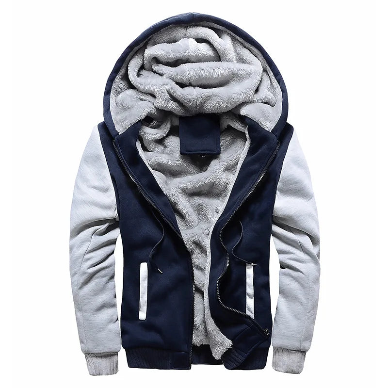 Gray and navy hoodie with fleece lining on a white background