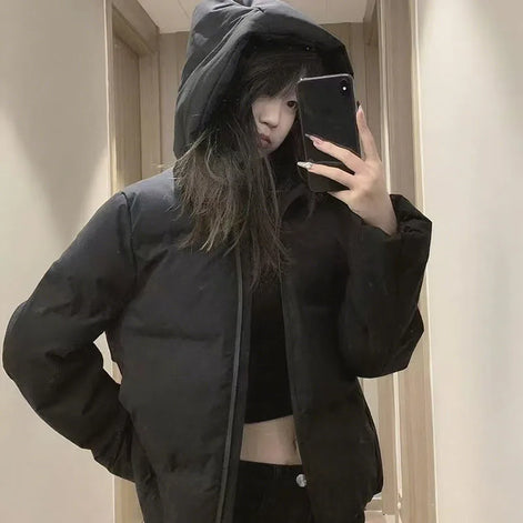Autumn Winter Cotton-Padded Jacket for Women Thickened Warm Hooded Puffer Parkas Korean Casual Long Sleeve Down Cotton Outwear