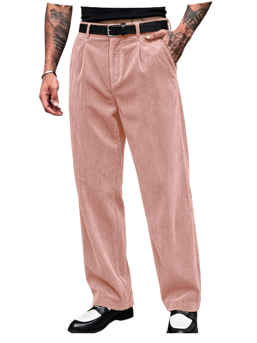 A person wearing dusty pink corduroy trousers with a black belt, paired with black and white shoes, shown from the waist down on a white background.