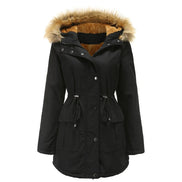 A black hooded parka jacket with a brown faux-fur trimmed hood and a warm brown lining, featuring a drawstring waist and front button closure, shown on a plain white background.